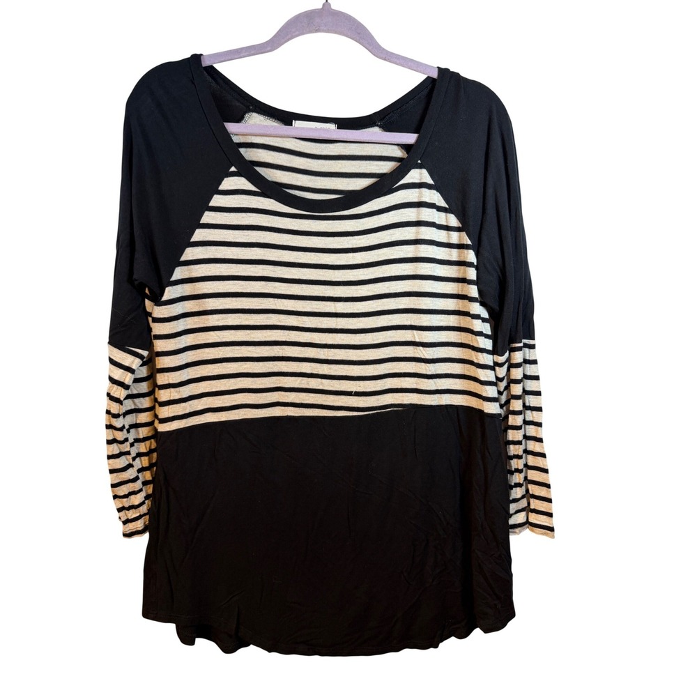 a.gain Womens Large Striped Colorblock Raglan 3/4 Sleeve Scoop Neck‎ Top Black